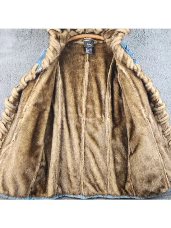 VTG 90's Boho Western Blue Suede Leather Faux Fur Lined Size Large Hooded Luxe - Picture 3 of 10